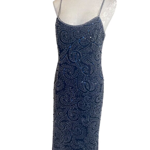 Oleg Cassini Vintage Womens Dress Jacket Set Size 10 Blue Beaded Slip Pure Silk - Picture 12 of 16